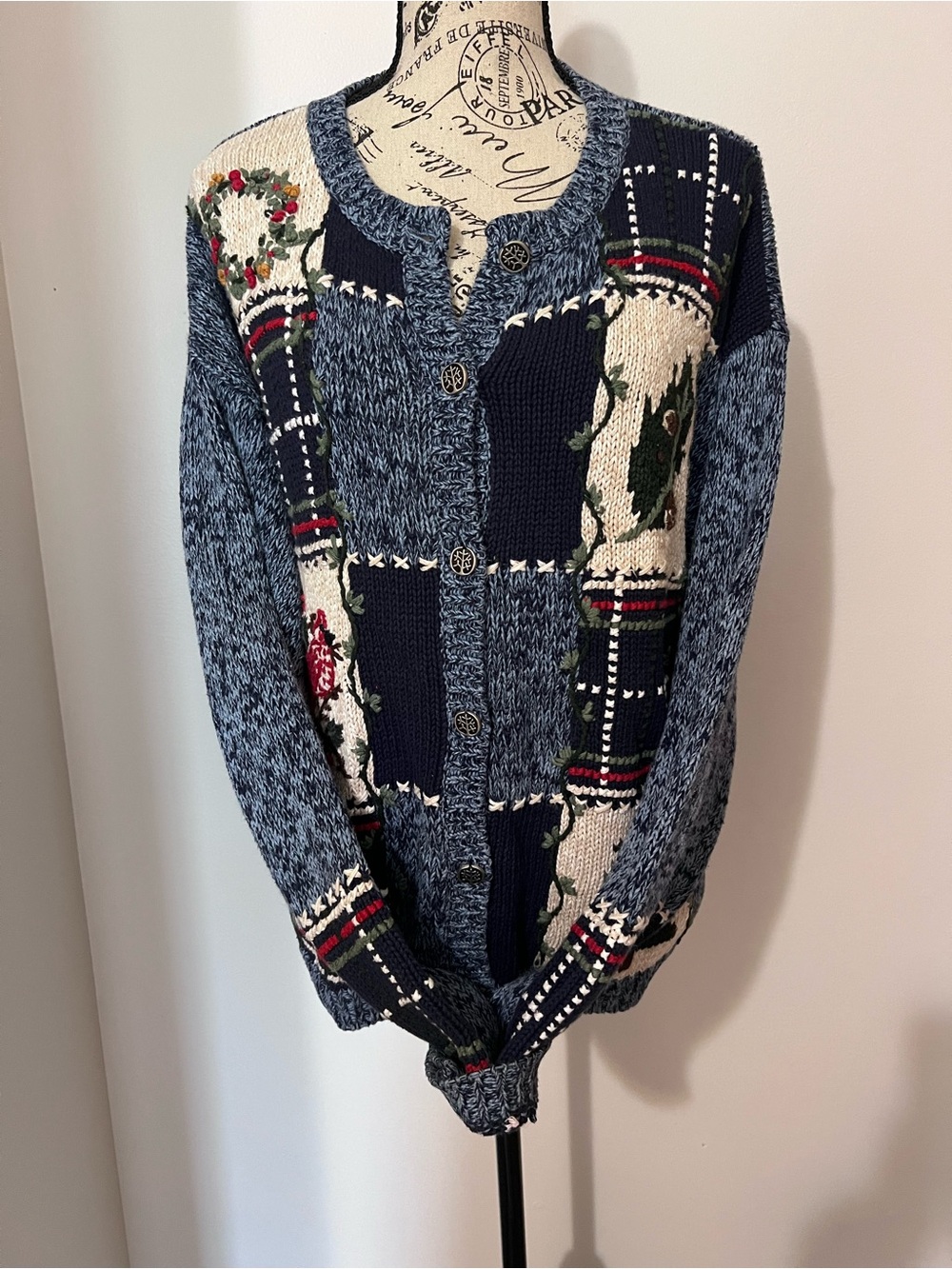 Vintage NutCracker Patchwork Embroidered Christmas Cardigan Sweater Large
